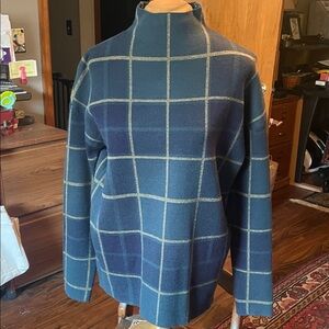 Womens Tahari Blue Green Plaid Mock Neck Sweater